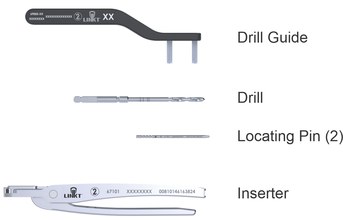 Composite showing the drill guide, drill, locating pin, and inserter included in the LINKT compression staple kit.